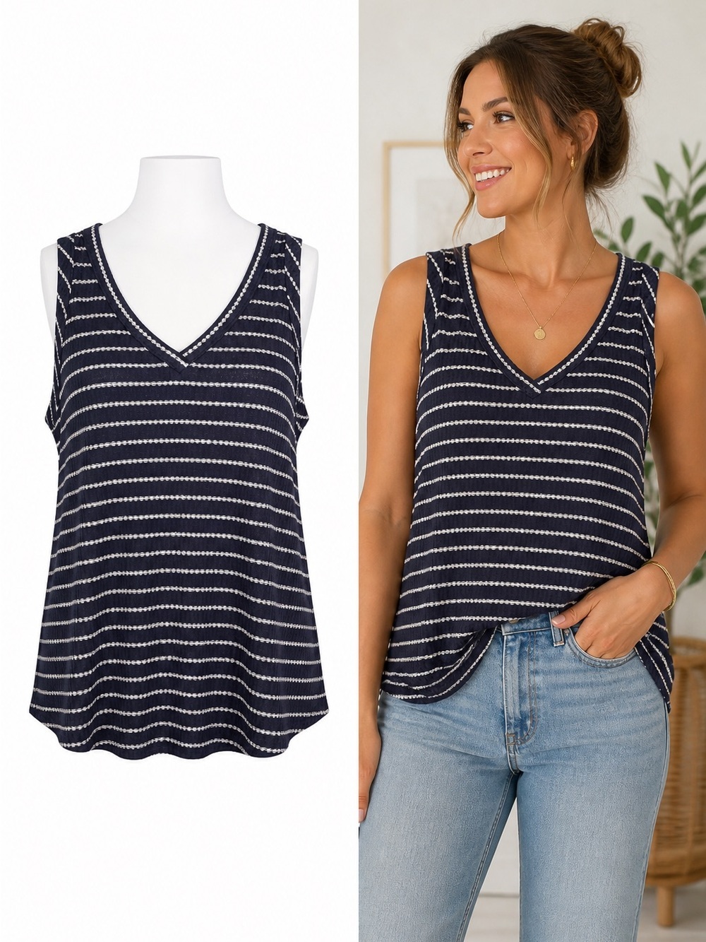 FORE | Navy Blue Striped Textured Tank Top | Sleeveless V-Neck | XL